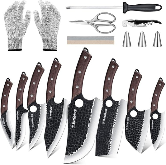 Meat Cleaver Butcher Knife Set of 15PCS, Hand Forged Knives Set for Kitchen, High Carbon Japanese Knife Set with bag & 6 Accessories, Boning Knife for Meat Cutting, Outdoor Cooking BBQ Camping Gift