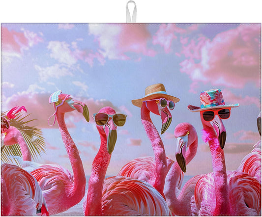 Spring Summer Flamingo Dish Drying Mat for Kitchen Counter Drying Pad Absorbent Reversible Dish Drainer Rack Mats Draining Pad 18"x24"Inch