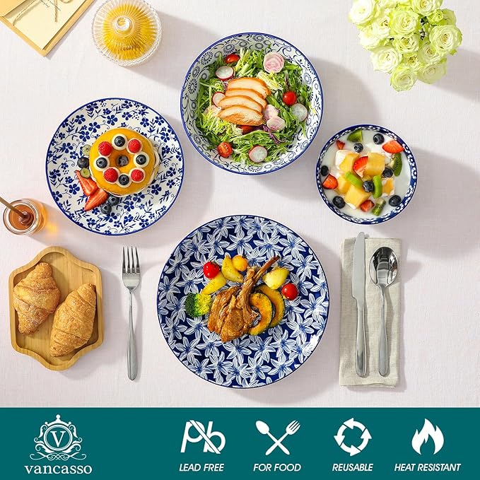 vancasso SELENE Plates and Bowls Set for 6, 24 Pieces Dinnerware Sets, Mircowave and Dishwasher Safe Dishes Set, Porcelain Blue Dinnerware