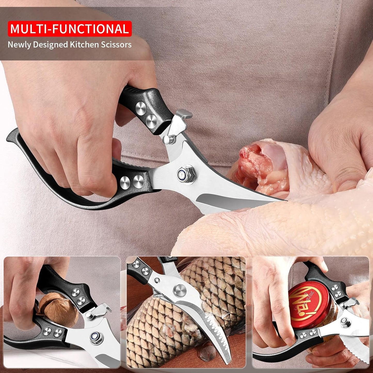 MAD SHARK Professional Heavy Duty Poultry Shears - Kitchen Shears for Spatchcocking Chicken and Meat Cutting, Multi-Purpose Kitchen Scissors for Food, Spring-loaded (Black)