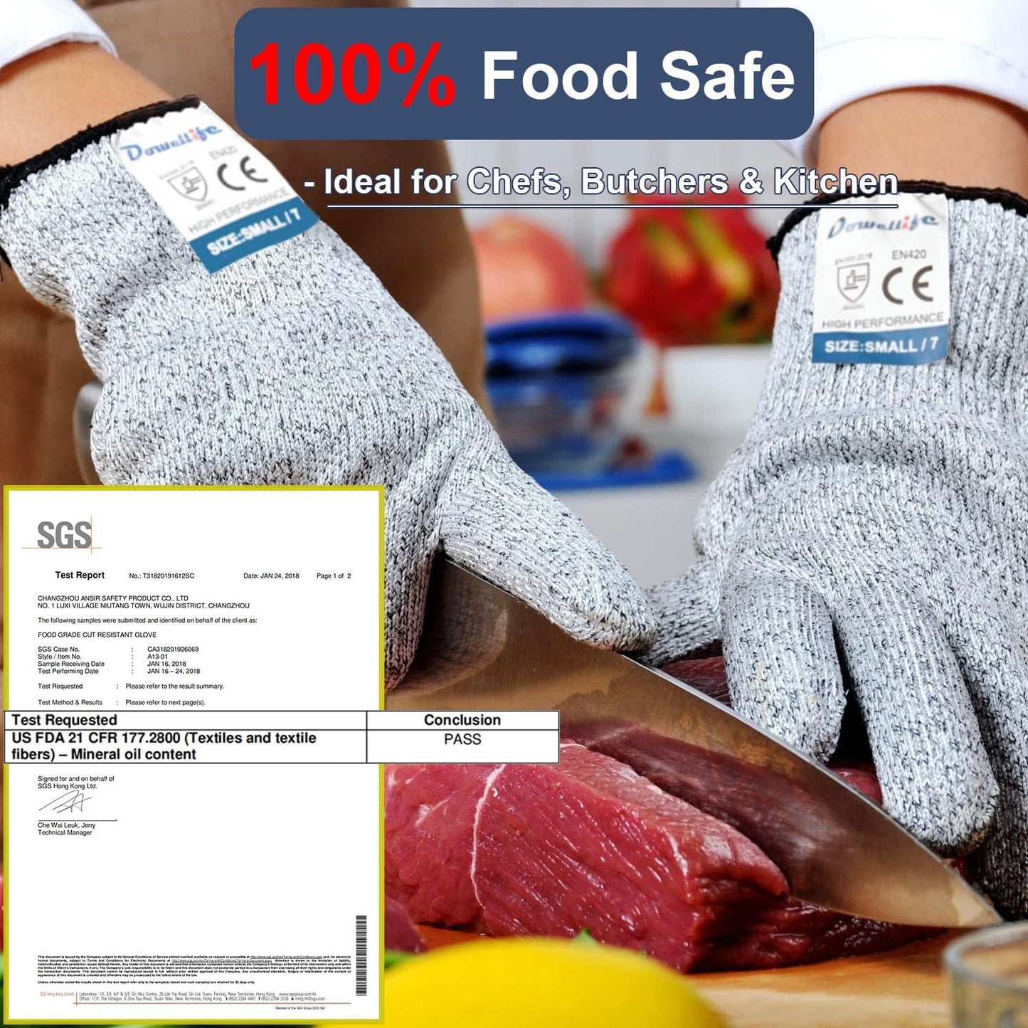 Dowellife Cut Resistant Gloves Protection, Safety Kitchen Cuts Gloves for Oyster Shucking, Fish Fillet Processing, Mandolin Slicing, Meat Cutting and Wood Carving, 1 Pair (Small)