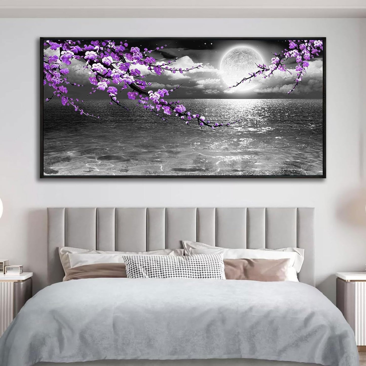 yiijeah Extra Large Paintings for Living Room - Purple Wall Decor Plum Blossom Moon Ocean Canvas Picture Framed Artwork Black and White Seascape Wall Art Home Bedroom Decoration