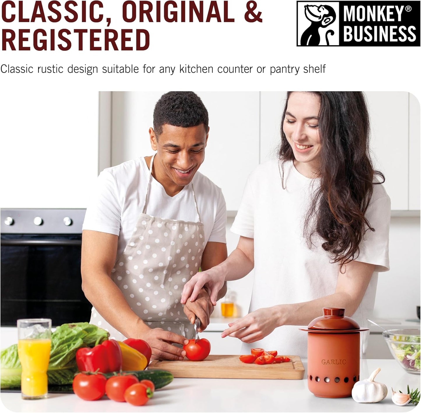 Monkey Business – Garlic Keeper – Terracotta Garlic Storage Container with Separate Ventilated Compartments for Whole Bulbs & Loose Cloves – Garlic Holder That Keeps Garlic Fresh & Kitchen Organized