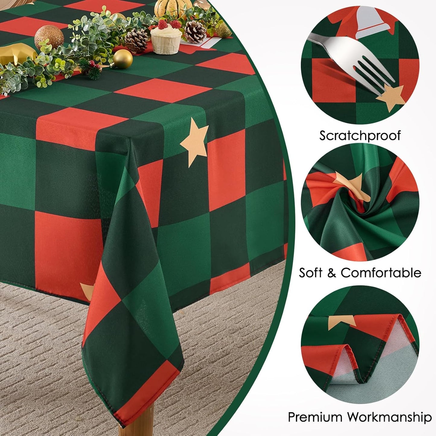 Christmas Tablecloth Rectangular 60x84 Inch Waterproof, Machine Washable Checkered Polyester Table Cover for Xmas Party, Winter Holiday Home Decoration in Festive Checkered Star 1pack