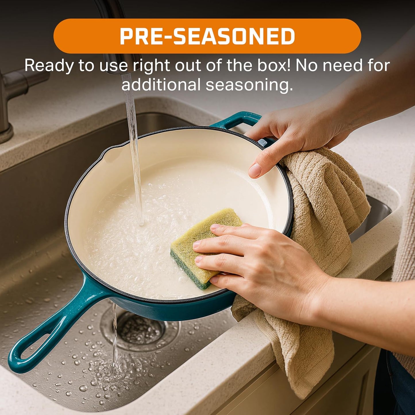 Bruntmor Cast Iron Pan - 10x16-Inch Round Skillet with Pour Spout - Frying Pan Compatible with Stovetops, Ovens, and Grills -Pre-Seasoned Non-Stick Surface Kitchen Tool and Cookware for Frying - Teal