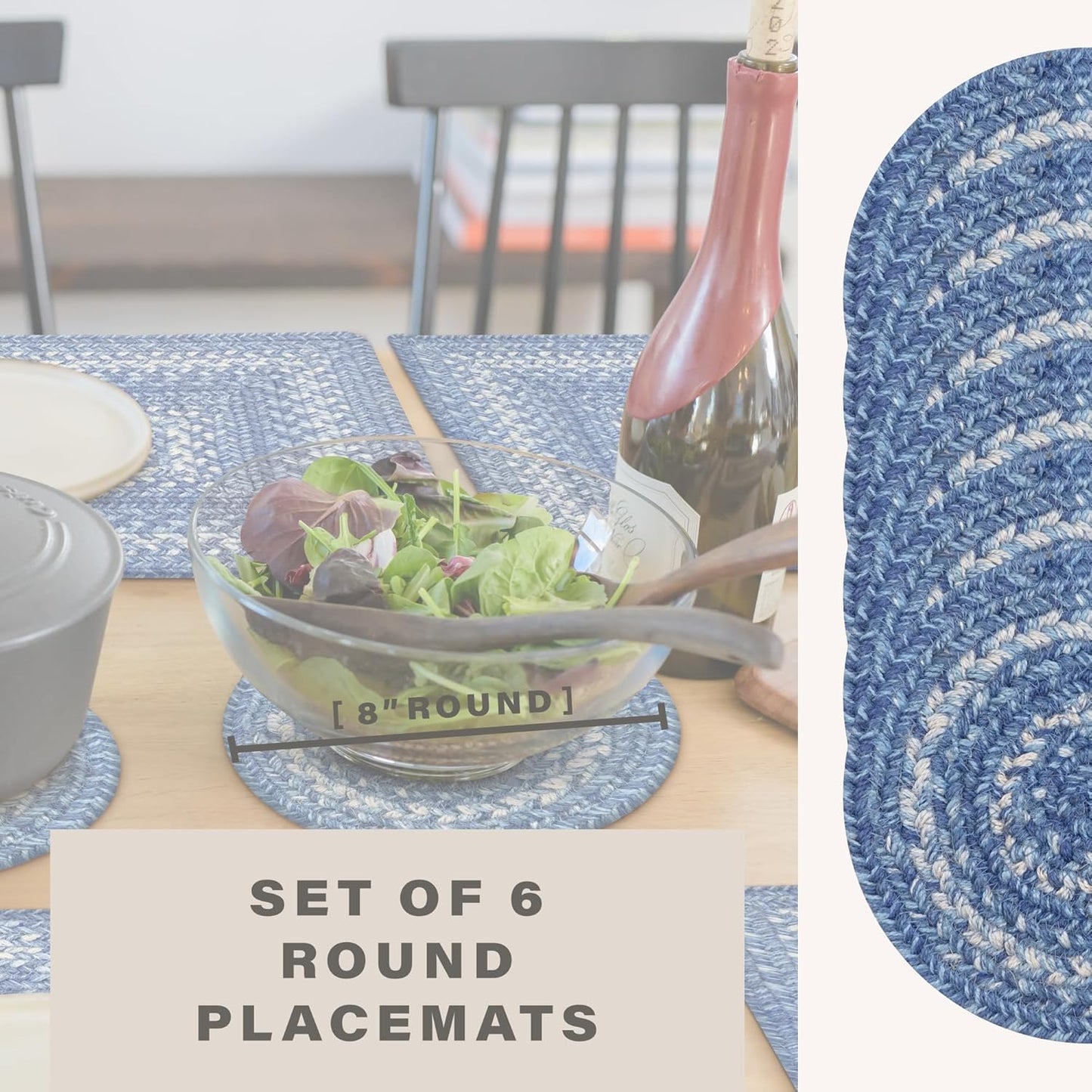 Denim Jute Braided Kitchen Trivets for Hot Dishes, Country Coastal Decor, Set of 6, Blue 8" Round Heat Resistant Mats - Rich Colors, Easy to Clean, Durable and Protects Furniture