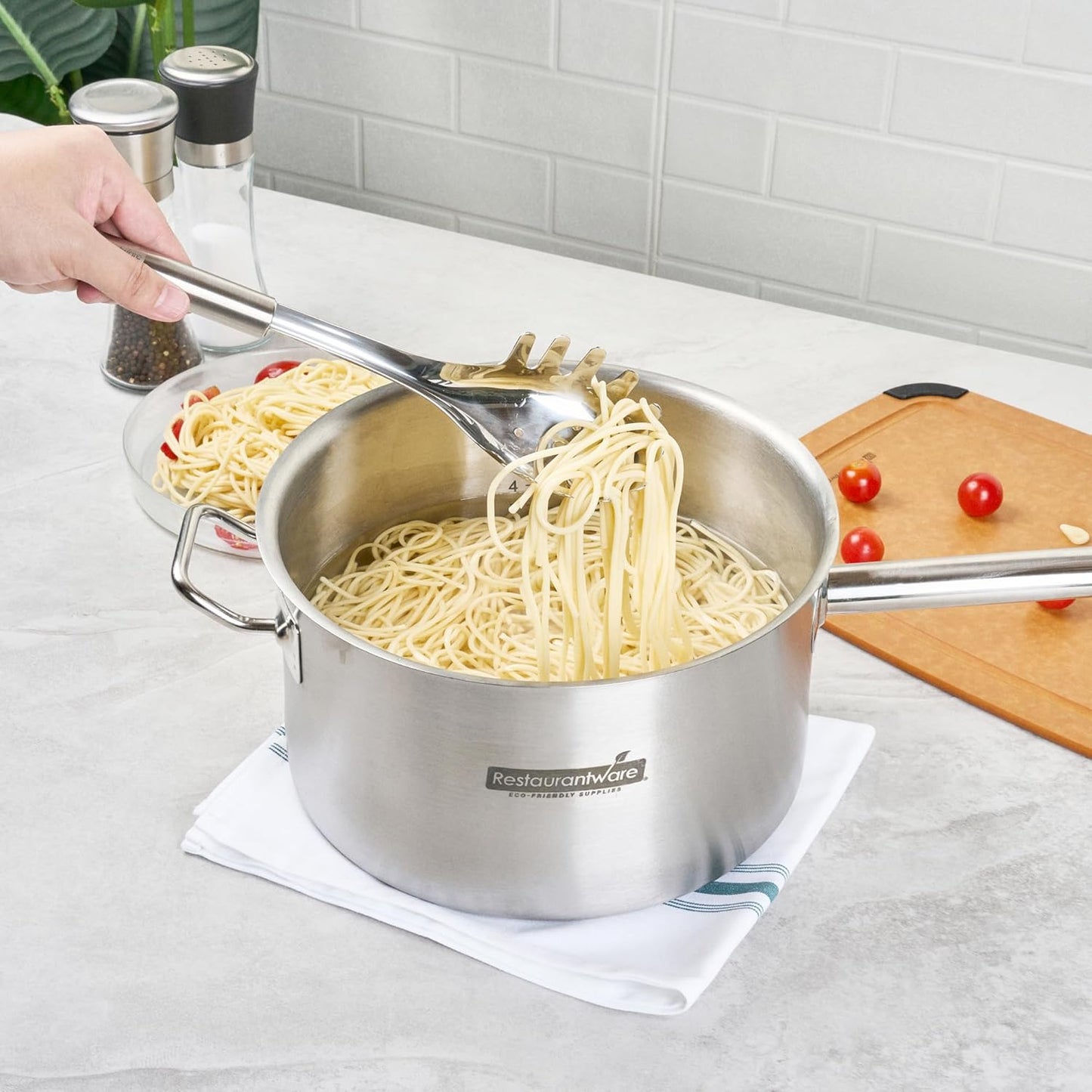 Restaurantware-German Standard 12.5 Inch Slotted Pasta Spoons, 6 Pasta Forks With Ergonomic Handle - Dishwashable, Durable, Stainless Steel Noodle Servers, Ideal For Draining or Serving