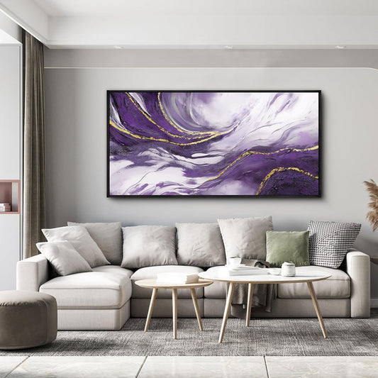 yiijeah Purple Large Abstract Canvas Wall Decor for Living Room - Purple and Gold Framed Picture Artwork for Walls Bedroom Office Home Decor Modern Boho Wall Art