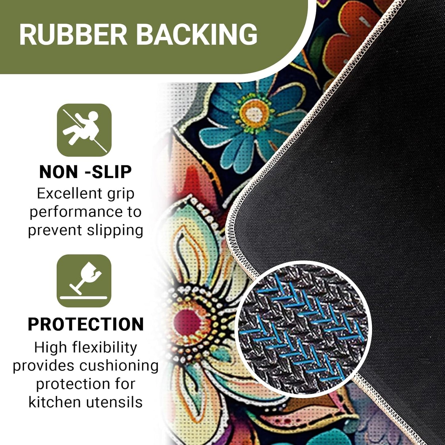 Boho Vintage Floral Kitchen Rugs Set of 2, Colorful Retro Flowers Floor Mats Decor, Bohemian Botanical Door Mat Home Decorations - 17x29 and 17x47 Inches