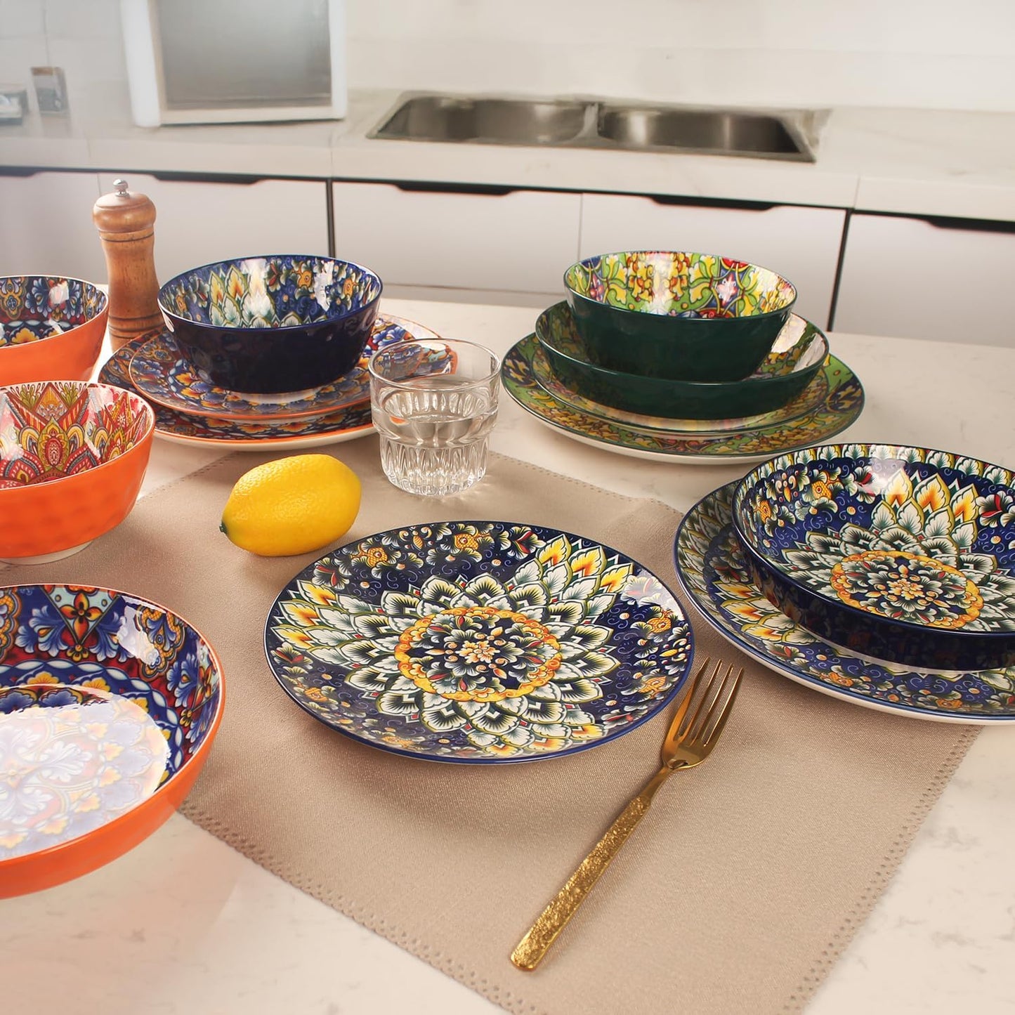 Mandala Dinnerware Sets, Plates and Bowls Set, Porcelain Dishes Service for 4, Zanzibar, Bohemian Style Dining Ware, for Kitchen and Dining Multicolor Dinnerware Set, Colorful No.2