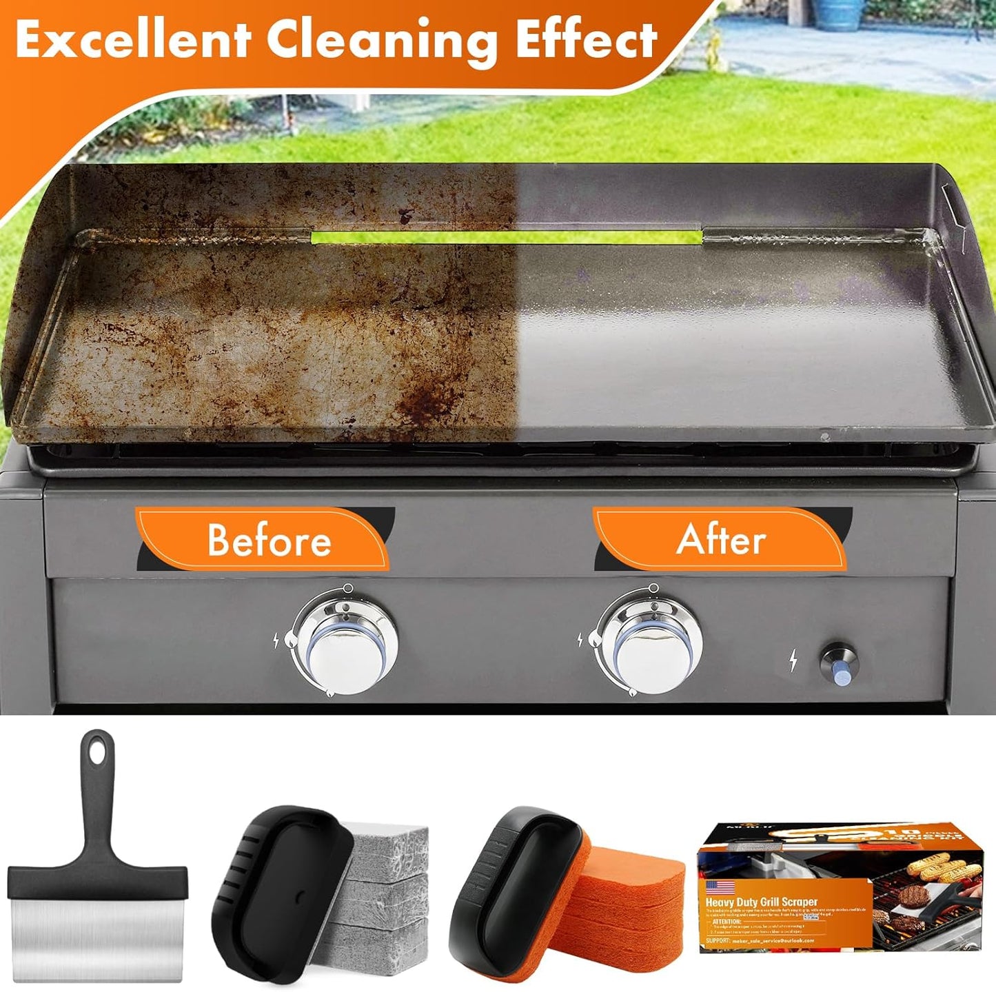 MEKER Griddle Cleaning Kit for Blackstone, Flat Top Grill Cleaning Kit with Grill Stone, Upgraded Scouring Pads & Griddle Scraper & Brush with Handle - Easy to Remove Stain (10 PCS)