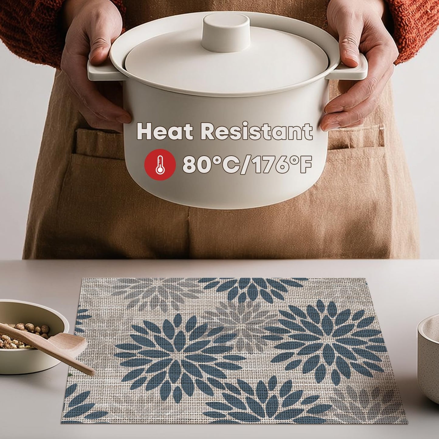 Artoid Mode Floral Vinyl Placemats Set of 4, Heat Resistant Washable Non-Slip Plastic PVC Place Mats for Party Kitchen Dining Decor, Blue Grey