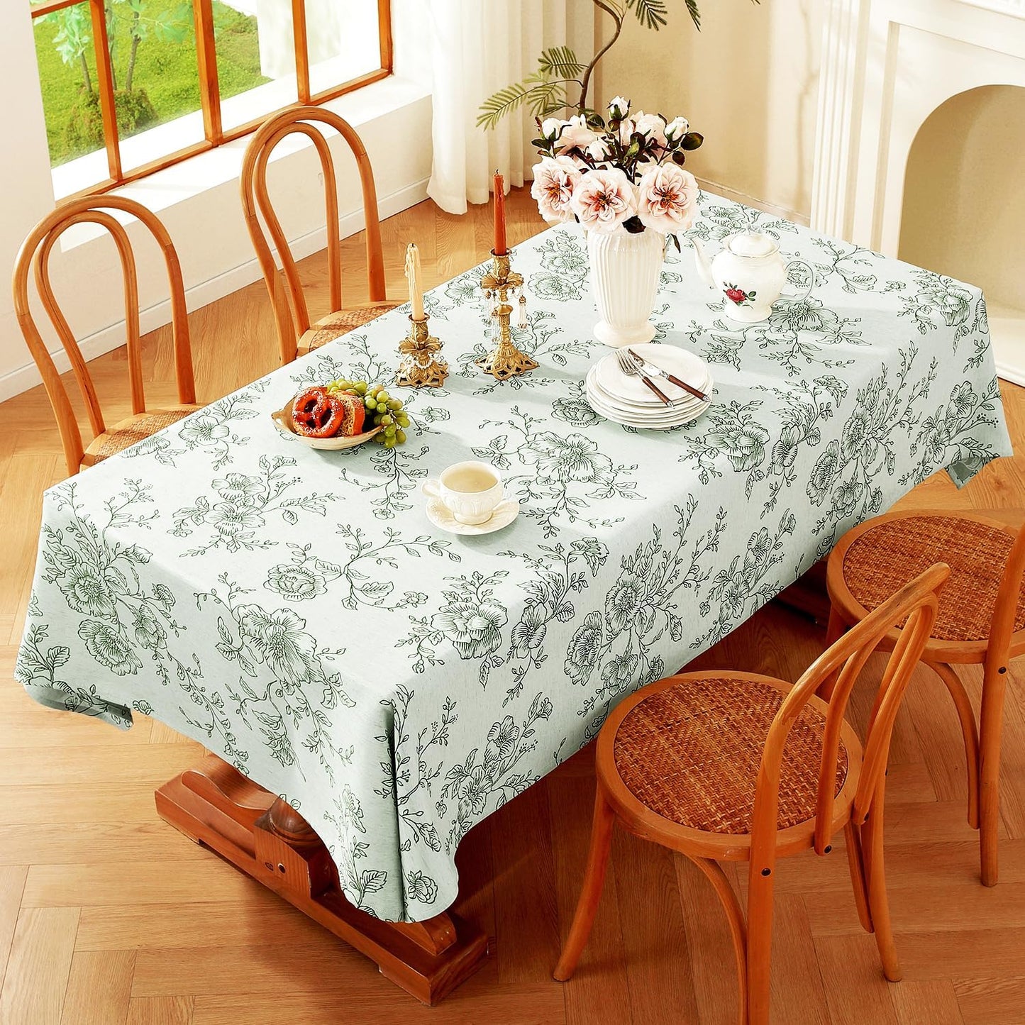 Chassic Premium Vintage Farmhouse Damask Floral 52 x 70 inch Rectangle Table Cloth – Water Resistant Linen Textured Jacquard Tablecloth for Kitchen Dining & Picnic Decor - Green