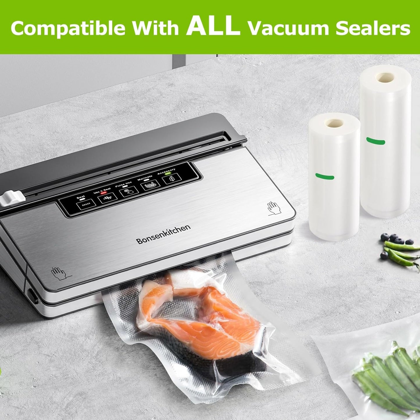 Bonsenkitchen Vacuum Sealer Bags Rolls, 11in x 50ft & 8in x 50ft Durable Food Sealer Bags, Commercial Grade, Heavy Duty, BPA Free, Seal a Meal, Great for Food Storage & Sous Vide Cooking, VB25
