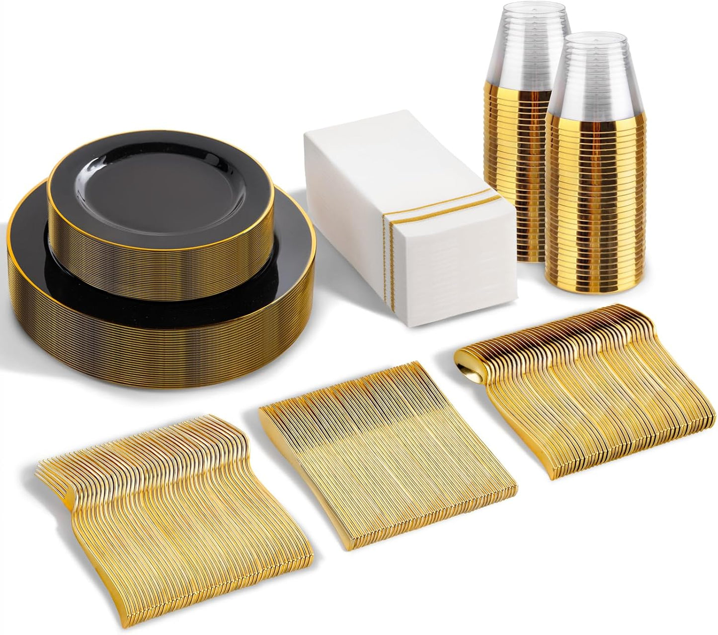 SUT 175 Piece Black and Glod Plastic Dinnerware Set for 25 Guests, Disposable Plastic Plates, Include: 25 Dinner Plates, 25 Dessert Plates, 25 Pre Rolled Napkins with Silver Silverware, 25 Cups