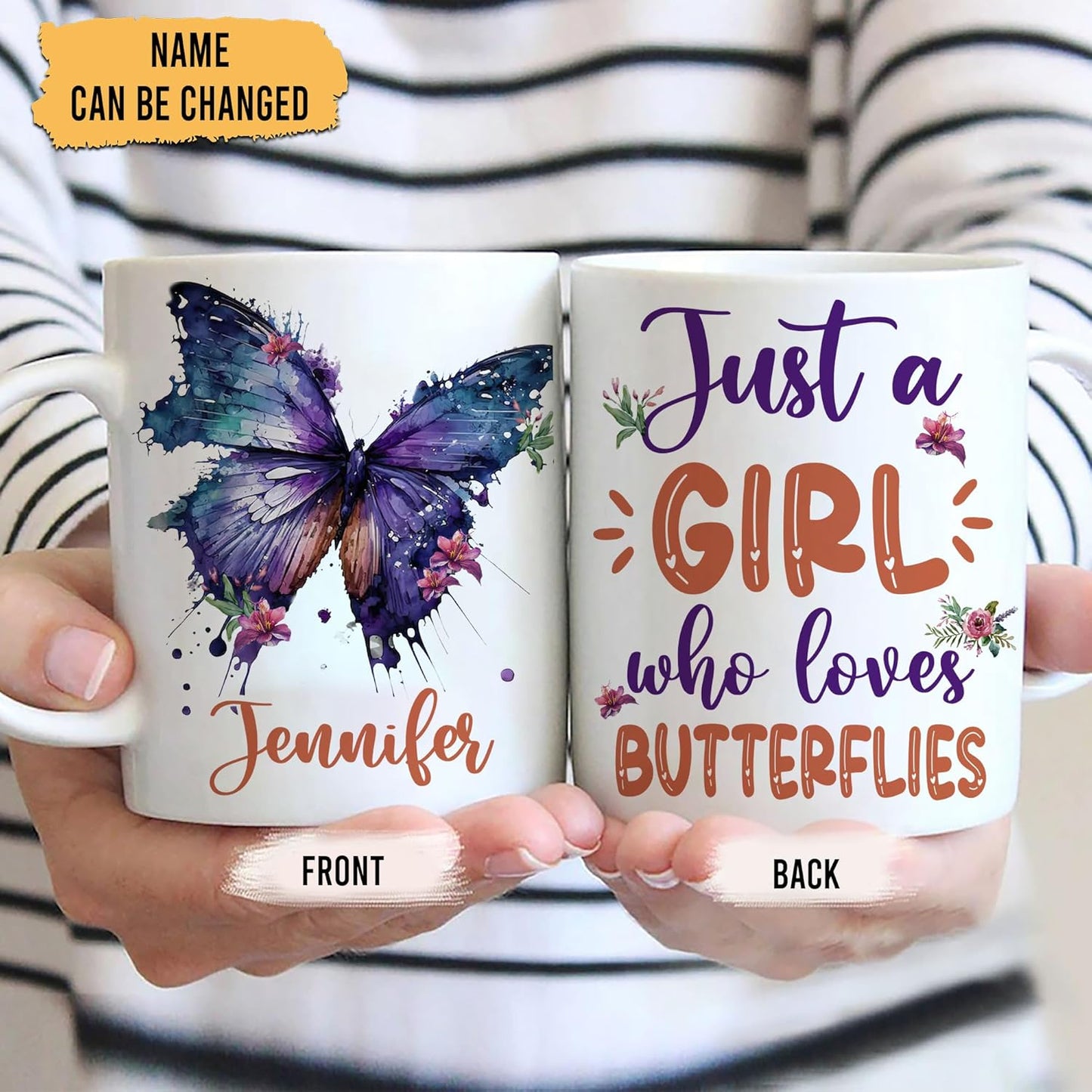 Hyturtle Personalized Gifts Butterfly Lover - Just A Girl Who Loves Butterflies Custom Name Ceramic Coffee Mug Cup 11oz - Idea Cute Animal Lover Gifts For Women, Girl Daughter On Birthday, Christmas