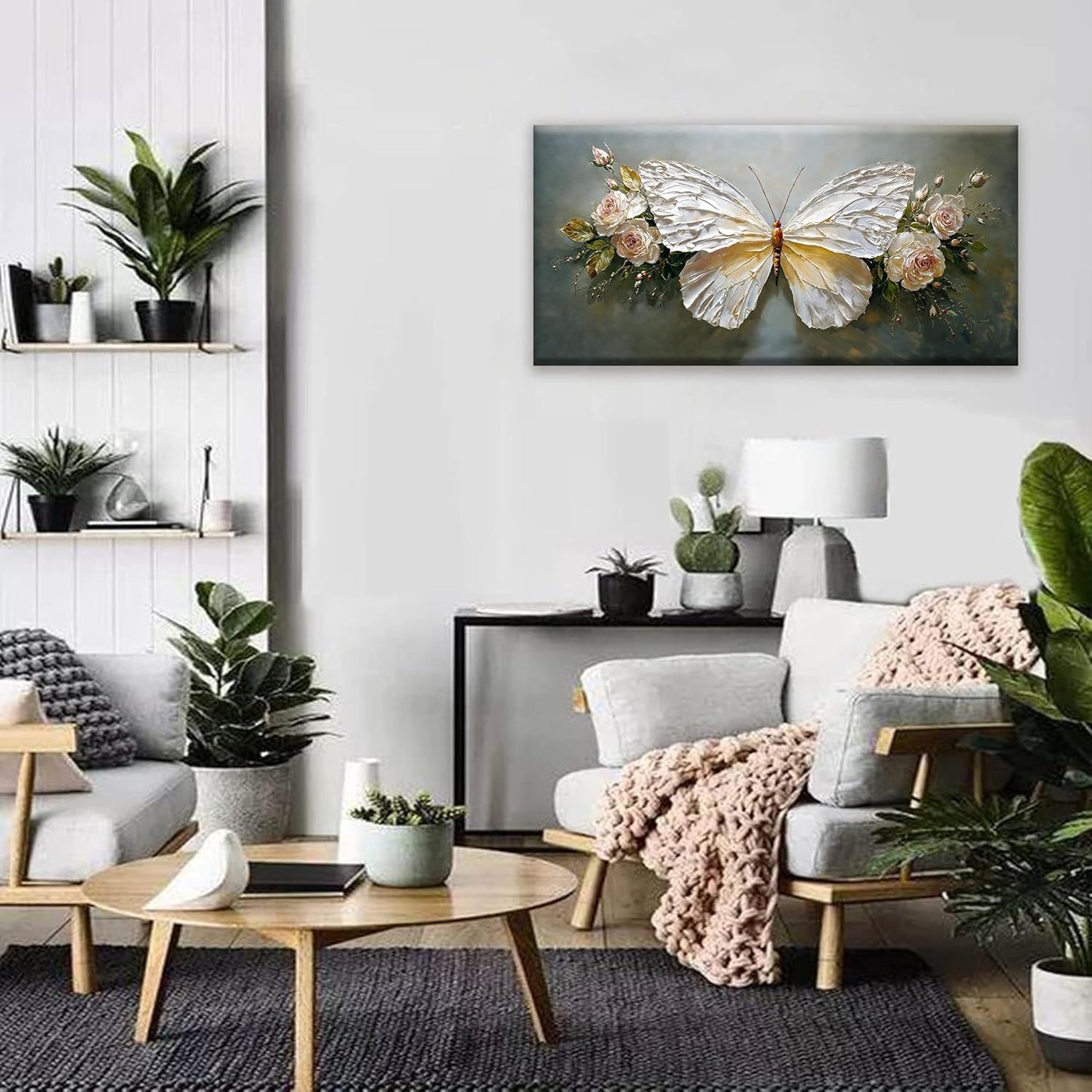 Modern Abstract Artwork White Simple Butterfly And Rose Wall Art Decor Canvas Prints Art Work For Wall Decor For Bedroom Living Room Apartment Kitchen Bathroom Office 20x40 Inch