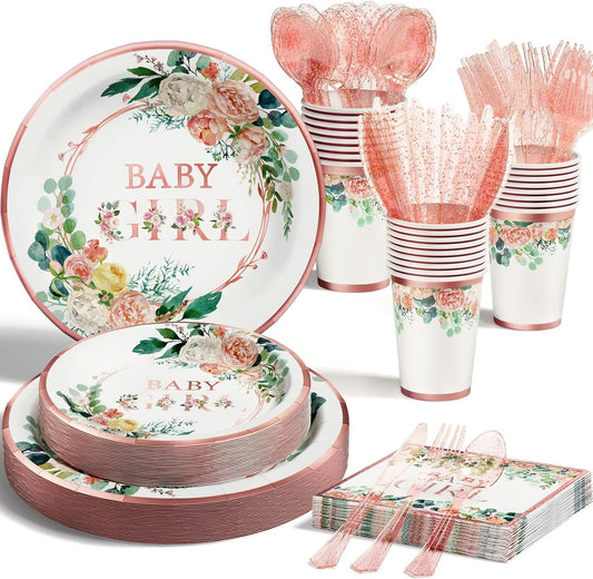 Ecomore Baby Shower Decorations for Girl - 175PCS Floral Party Supplies Disposable Dinnerware Set (25 Guest) With Rose Gold Paper Plates Cups Napkins Plastic Forks Knives Spoon for Baby Girl Birthday
