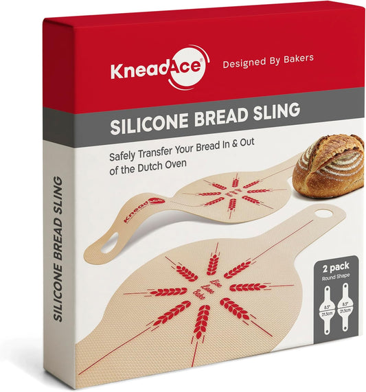 KneadAce Silicone Bread Sling Set Of 2 x Round with Long Handles, Nonstick＆Reusable Easy-Lift Baking Mat Easy Clean Dutch Oven Liners, Sourdough Baking Supplies, Ideal As Gift For Bakers