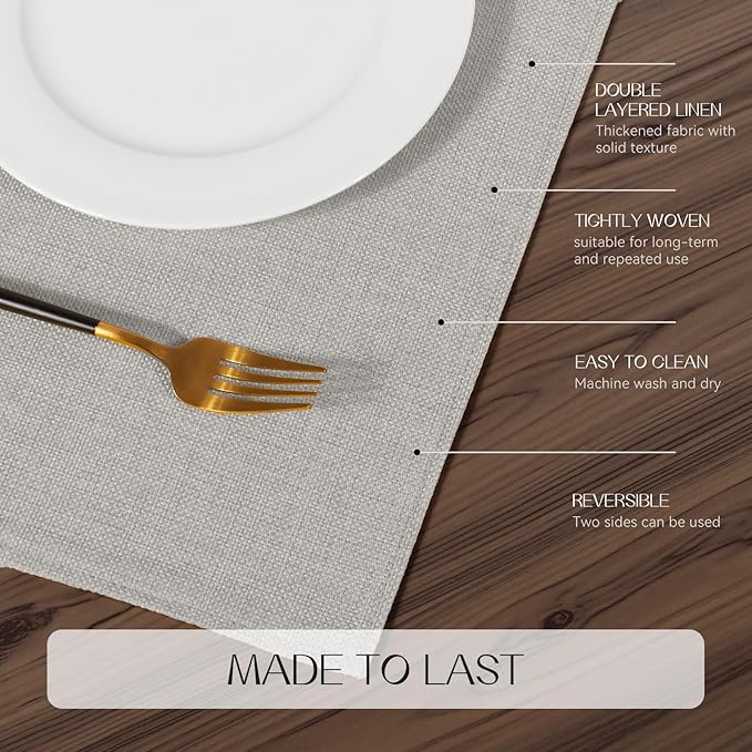 Romanstile Cloth Placemats Set of 6-12 x 18 Inch, Heat Resistant Double Layered Thickened Burlap Place Mats, Washable Linen Farmhouse Table Mats for Kitchen/Dining/Party/Outdoor, Light Grey