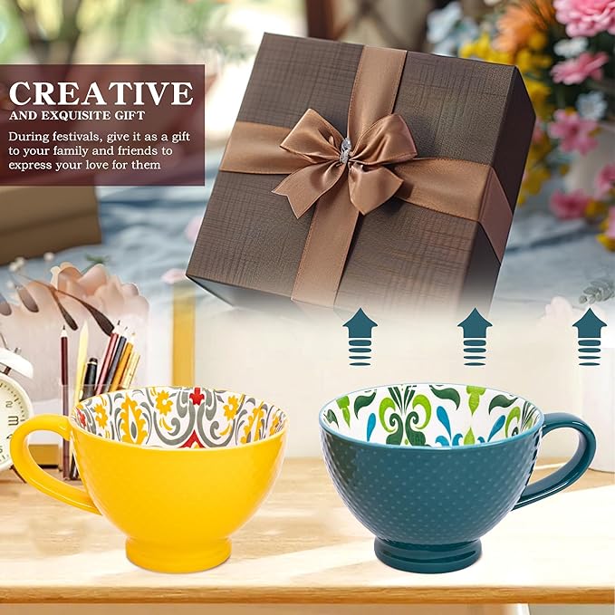 Topadorn Ceramic Coffee Mugs with Handle Set of 2, Hand-Painted Floral Pattern Ceramic Soup Mugs for Salad, Cappuccino, Cereal, Milk, Latte, Tea, Cocoa, Breakfast Oatmeal Cups(Green & Yellow)