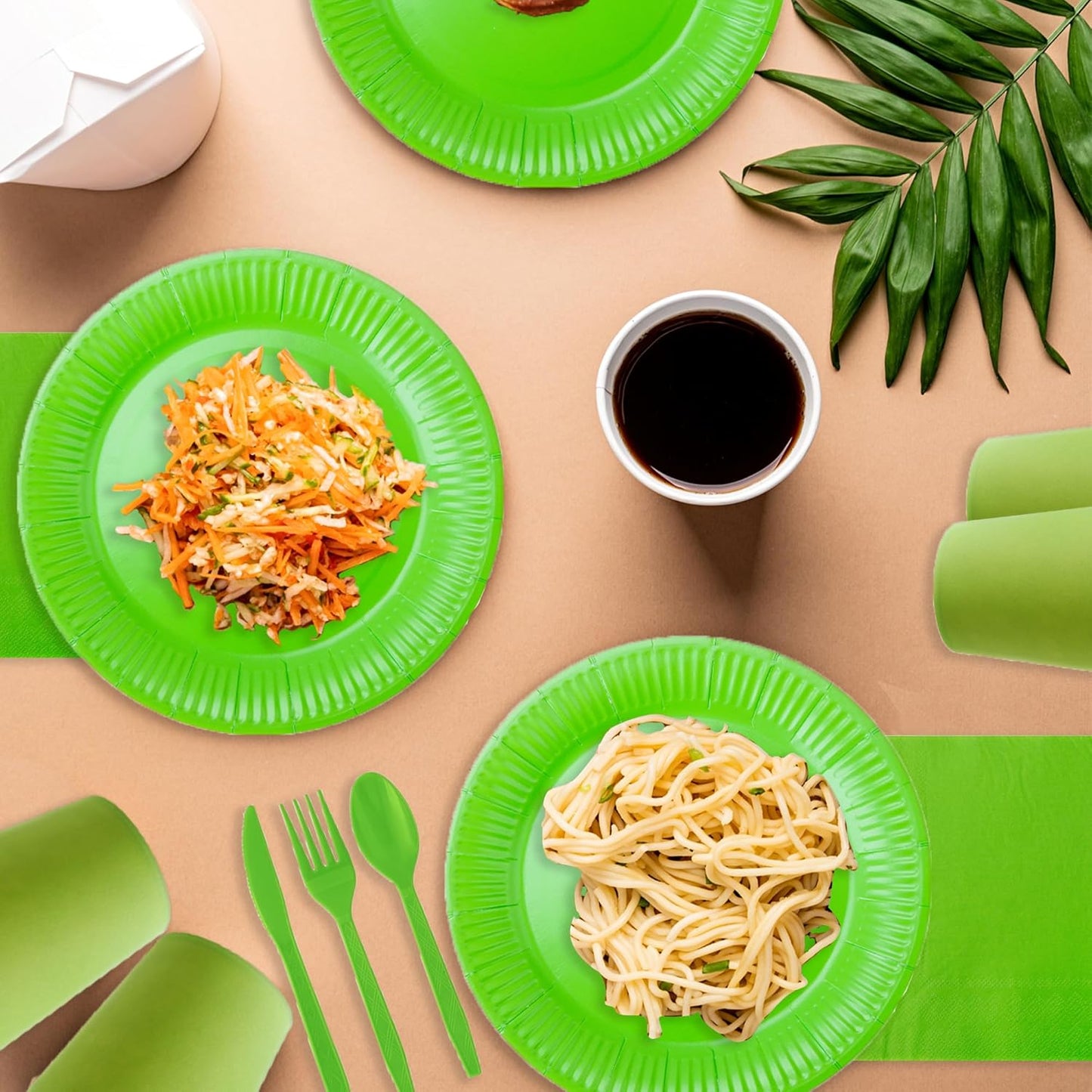 210pcs Grass Green Paper Plates Disposable Tableware Party Supplies- Includes 9" Dinner Plates, 7" Dessert Plates, 9oz Paper Cups, Napkins, Plastic Forks, Knives And Spoons For All Holiday Parties