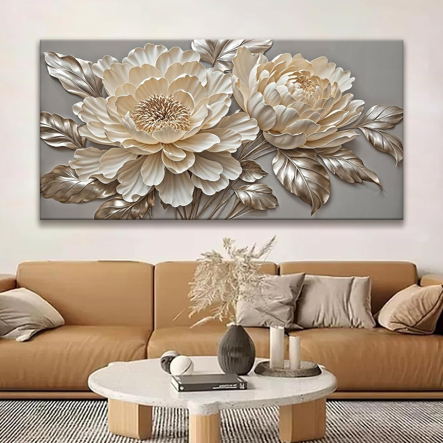 Tsomzxng Large White Wall Art For Living Room Prints Artwork Canvas Art Wall Decor White Flower Wall Art Modern Painting Elegance Wall Decor For Hotel Office Home Decoration 29 X 58 Inch