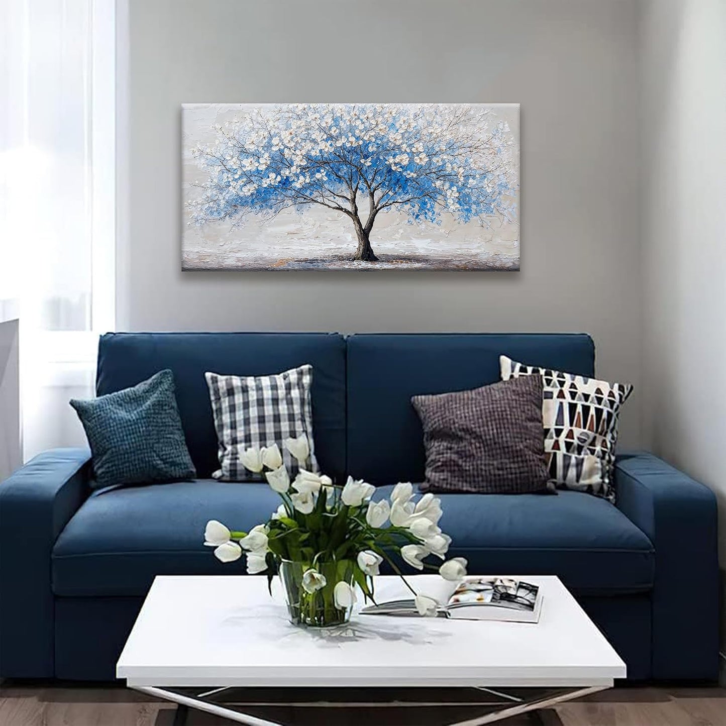 Suconvng Wall Art Blue Tree Of Life Canvas Art Wall Decor Painting Picture Modern Wall Art Prints Landscape Picture For Bedroom Bathroom Office Home Decor 20"×40" Ready To Hang