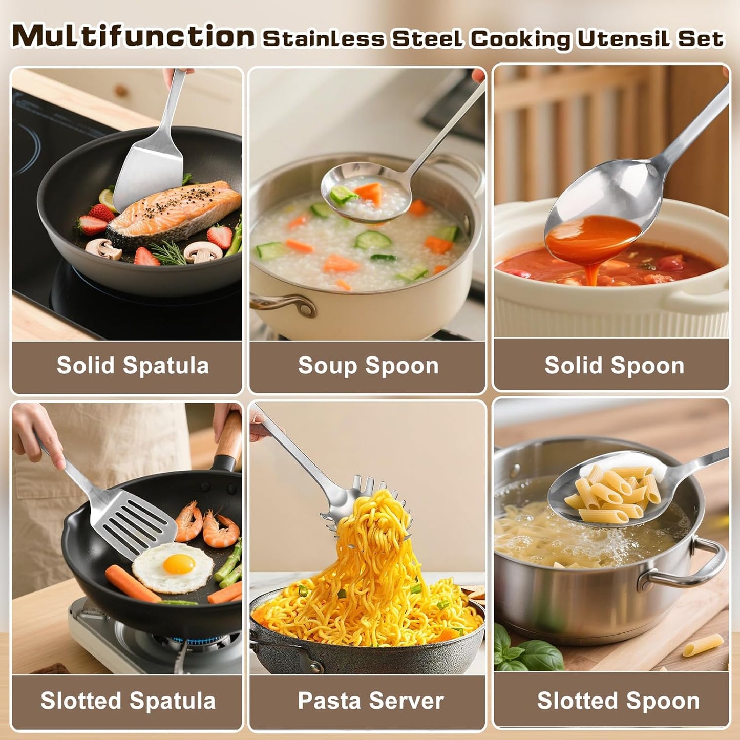 6 Pcs Cooking Utensils Set, Stainless Steel Kitchen Utensils, Heat Resistant Metal Kitchen Tools Include Solid & Slotted Turner Wok Spatula, Serving Spoon, Ladle, Pasta Server, Easy to Clean, Silver