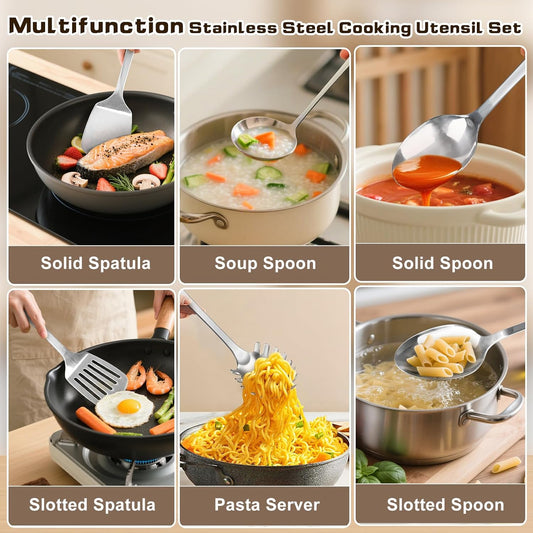 6 Pcs Cooking Utensils Set, Stainless Steel Kitchen Utensils, Heat Resistant Metal Kitchen Tools Include Solid & Slotted Turner Wok Spatula, Serving Spoon, Ladle, Pasta Server, Easy to Clean, Silver
