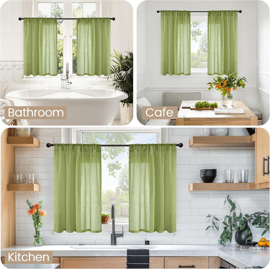 BGment Short Linen Semi Sheer Curtains 40 Inch Length for Kitchen Cafe Window - Small Green Drapes Light Filtering with Rod Pocket for Front Door Bathroom, 2 Panels Set, 30 X 40 Inch