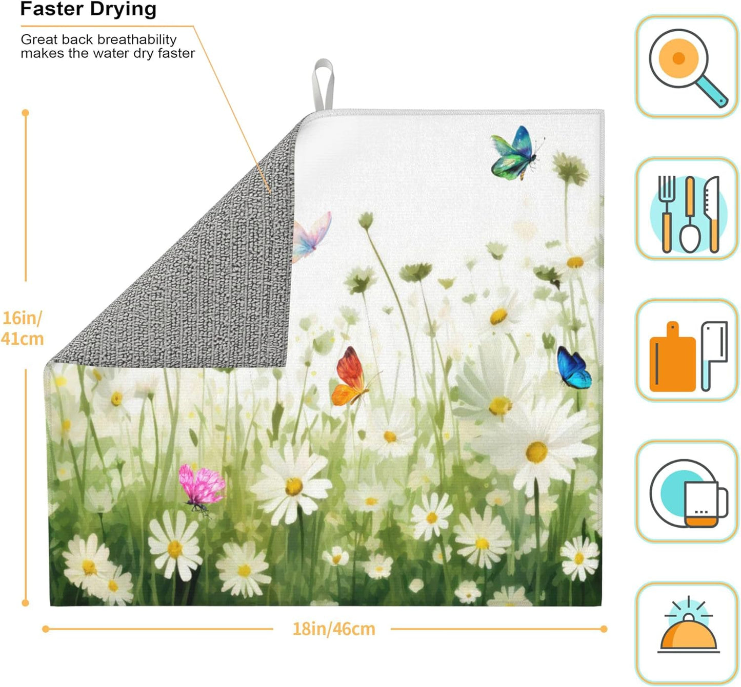 Vintage Watercolor Daisy Butterfly Dish Drying Mat for Kitchen Counter, 16"x18" Microfiber Absorbent Fast Dry Mat, 2Pcs Dish Mat Faucet Mats Sets, Large Drying Kitchen Mat Kitchen Drying Pad