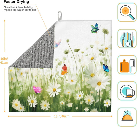 Vintage Watercolor Daisy Butterfly Dish Drying Mat for Kitchen Counter, 16"x18" Microfiber Absorbent Fast Dry Mat, 2Pcs Dish Mat Faucet Mats Sets, Large Drying Kitchen Mat Kitchen Drying Pad