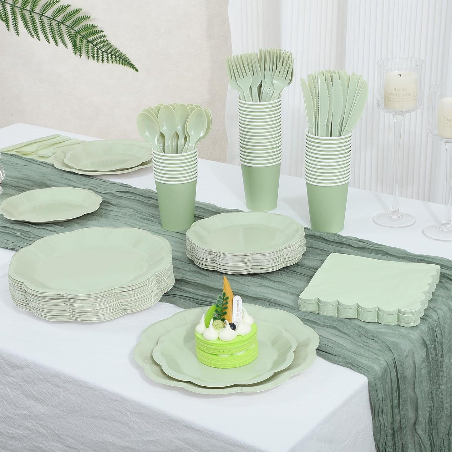 350 Pcs Sage Green Party Supplies Include Scalloped Plate Napkin Cup Forks Knives, Plastic Cutlery 50 Guest Disposable Party Tableware Set for Wedding Baby Shower Bridal Shower Birthday Parties