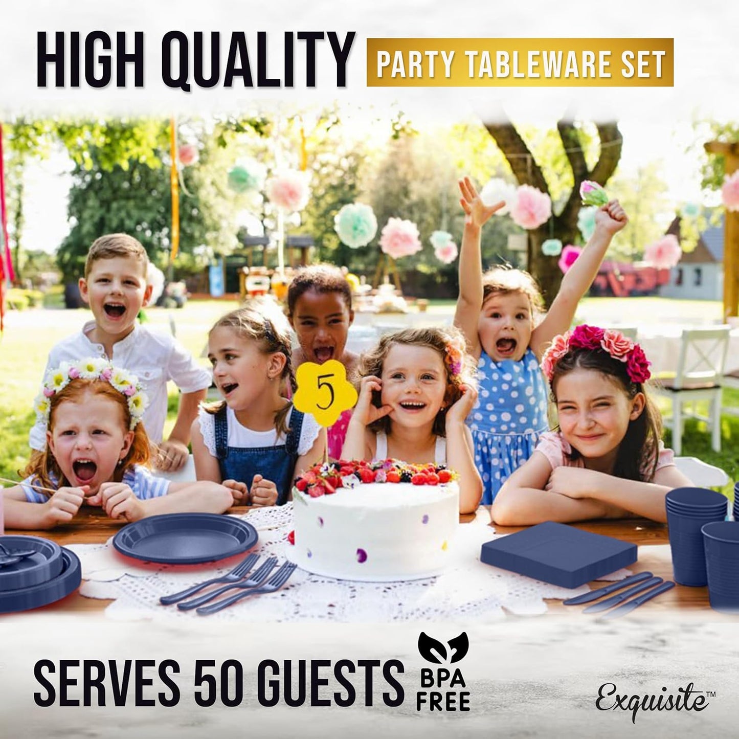 Party Solids 350 Pieces Navy Plastic Plates For Party, Navy Disposable Plates Set, 50 Of Each 9" Dinner Plate Set, 7" Dessert Plate, Cups, Napkins & Cutlery Plastic Dinnerware