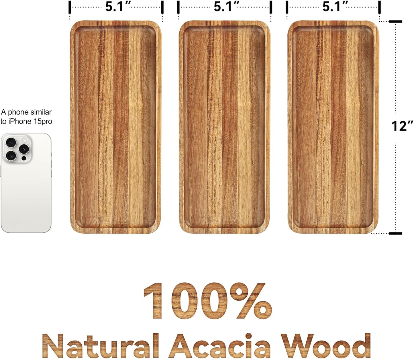 Anyvape Acacia Wood Serving Trays, Set of 3 Wooden Serving Platters for Home Decor, Food, Cheese, Fruit, Vegetables, Charcuterie, Appetizer Serving Tray(11.8 x 5.1 x 0.78 inches)
