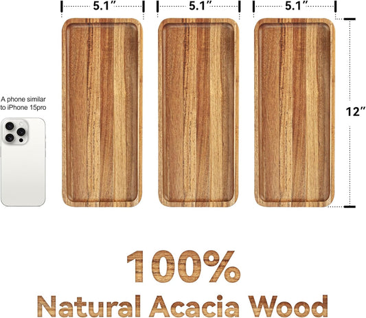 Anyvape Acacia Wood Serving Trays, Set of 3 Wooden Serving Platters for Home Decor, Food, Cheese, Fruit, Vegetables, Charcuterie, Appetizer Serving Tray(11.8 x 5.1 x 0.78 inches)