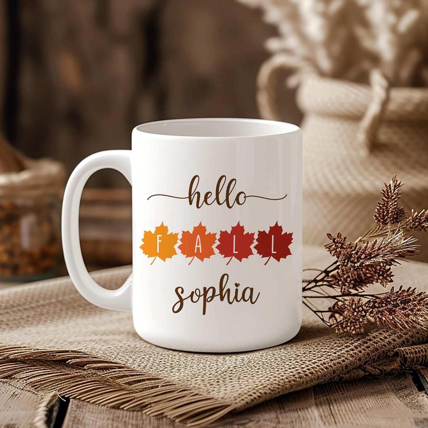 Hyturtle Personalized Fall Autumn Mug Gifts - Hello Fall - Custom Name Coffee Cup Ceramic Mug 11oz 15oz - Autumn Gifts - Fall Thanksgiving Decor Gift - Birthday Christmas
