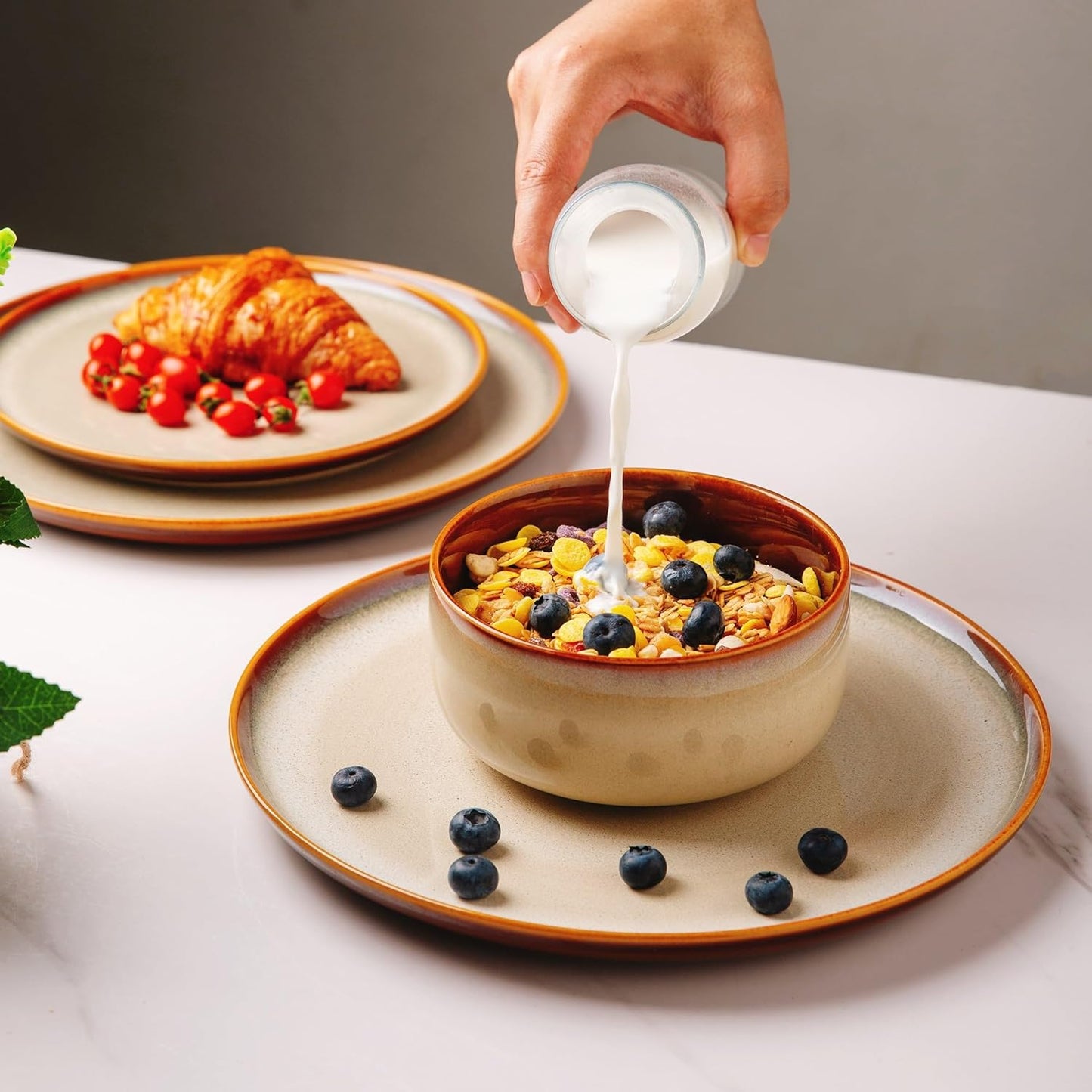 LeRatio Ceramic Dinnerware Sets for 4,12-Piece Plates and Bowls,Handmade Reactive Glaze Dishes Set,Chip Resistant and Scratch Resistant | Oven Dishwasher & Microwave Safe,Service for 4-Kahki