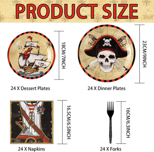 96 Pcs Pirate Party Supplies Pirate Plates Napkins Forks Disposable Halloween Tableware Set for Adult Teen Children Birthday pirate party Favors Treasure Theme Halloween Party Decorations Serves 24