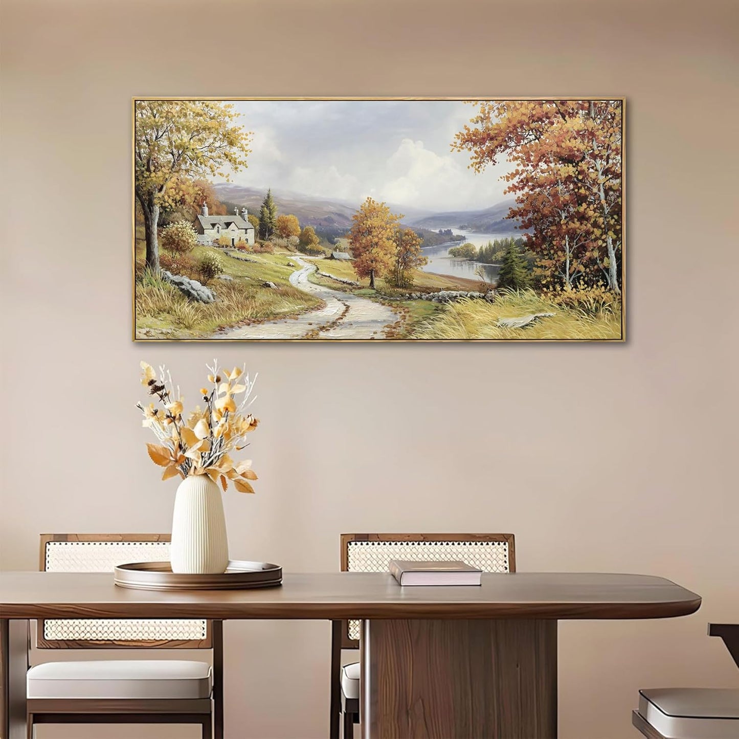 KLAKLA Landscape wall art - Autumn Rustic Field Burnt Orange Tree Landscape PictureC anvas Frame Artwork Farm Log Cabin Farm Wall Decor for Living Room Bedroom Office - 40x20 Inches