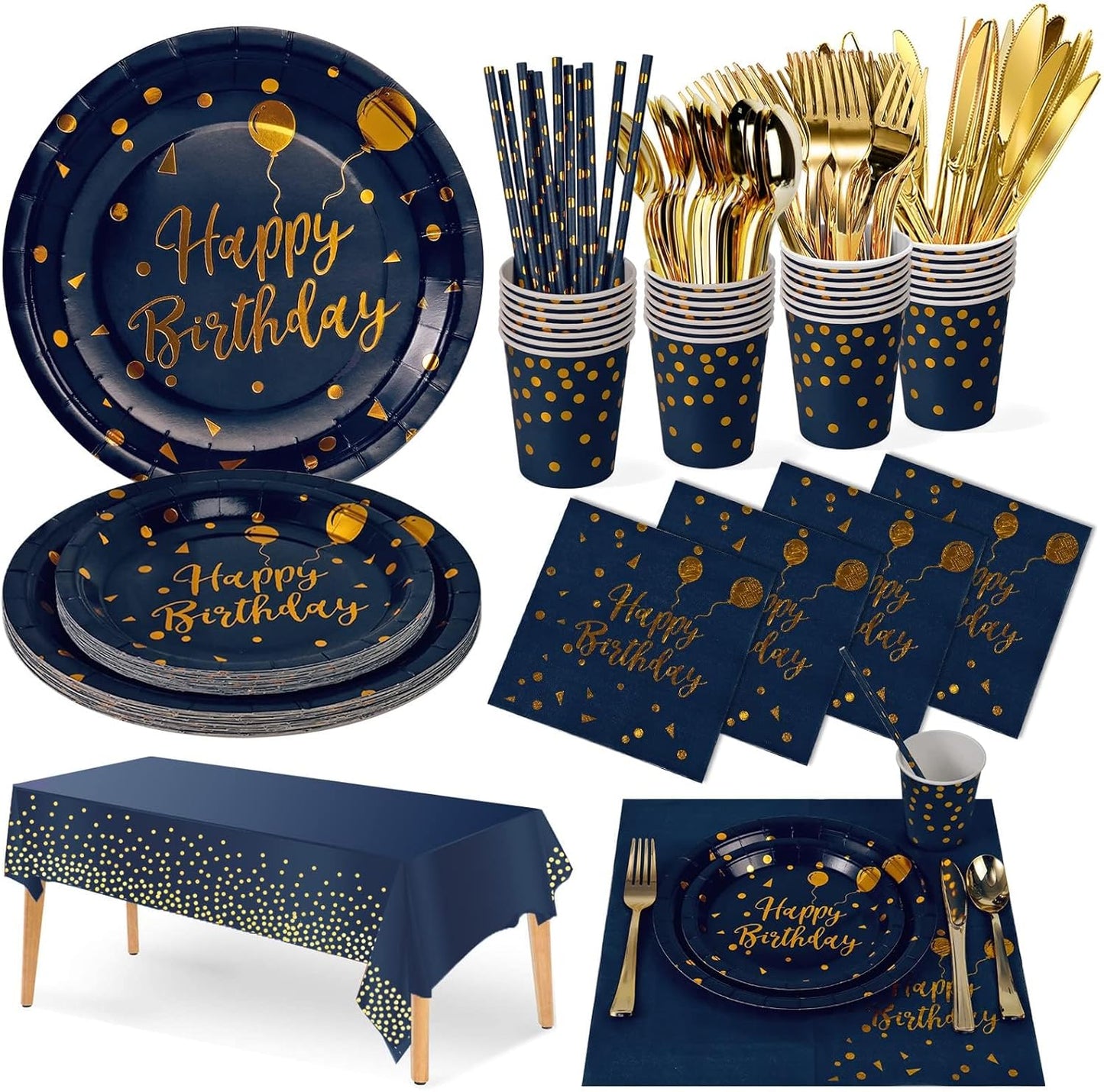 Birthday Party Tableware, 161 Pieces Navy Blue Gold Party Supplies, Party Dinnerware Sets Include Paper Plates Napkins Cups Silverware, for Shower Engagement Parties Decoration -20 Serves