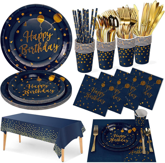 Birthday Party Tableware, 161 Pieces Navy Blue Gold Party Supplies, Party Dinnerware Sets Include Paper Plates Napkins Cups Silverware, for Shower Engagement Parties Decoration -20 Serves