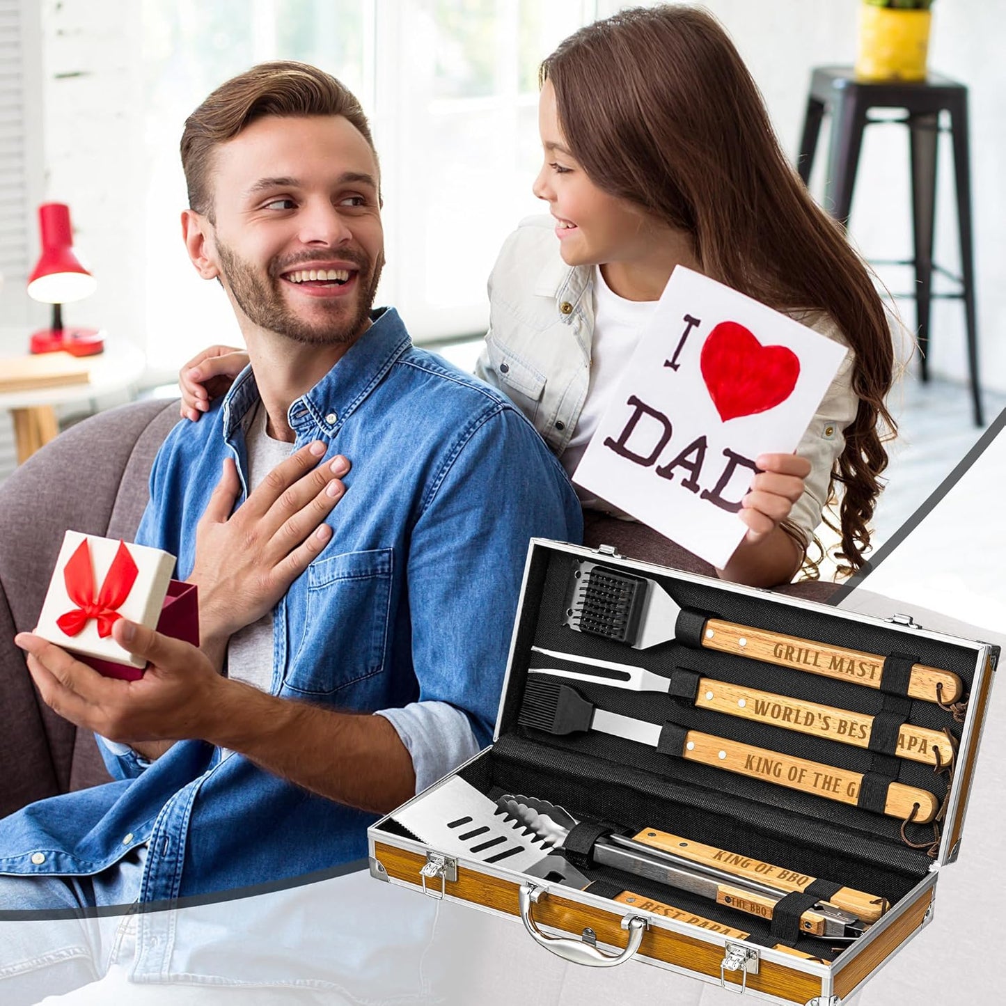 Papa Gifts from Grandkids, Papa Grilling Gift Heavy Duty Wooden BBQ Grilling Accessories Kit for Backyard, Thick Stainless Steel Grill Utensils with Non-Slip Handle Tools in Portable Bag on Christmas