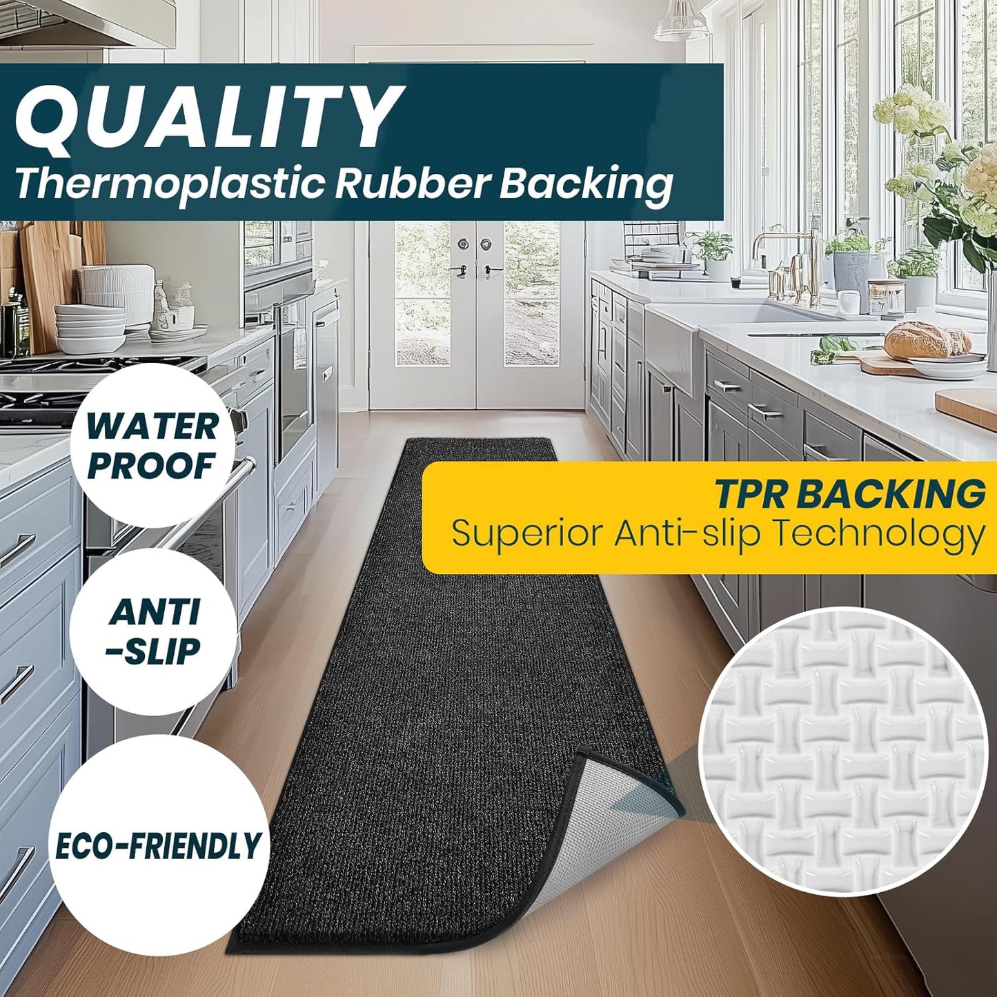 Washable Kitchen Rug 24" x 82" / 60cm x 210cm, Non Slip Kitchen Mat for Floor, Absorbent Indoor Entryway Runner Rug for Hallway, Laundry, Bathroom, Bedroom (Roll Packing)