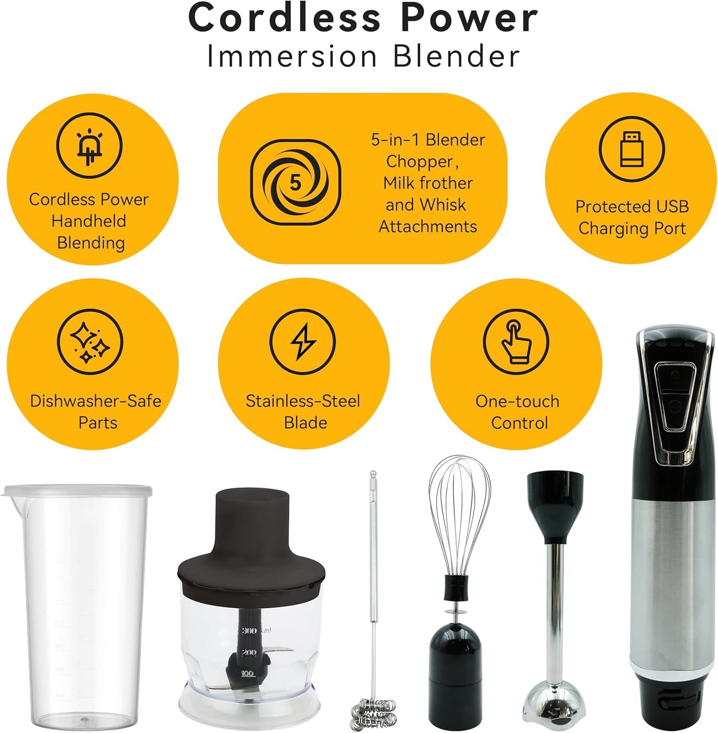 Cordless Portable Immersion Blender 5-in-1 Blender Set, Ice Crushing Power with One-Touch Speed Control, Comes with Potato Masher, Whisk, Chopper, Beaker, and Storage Case, Stainless Steel