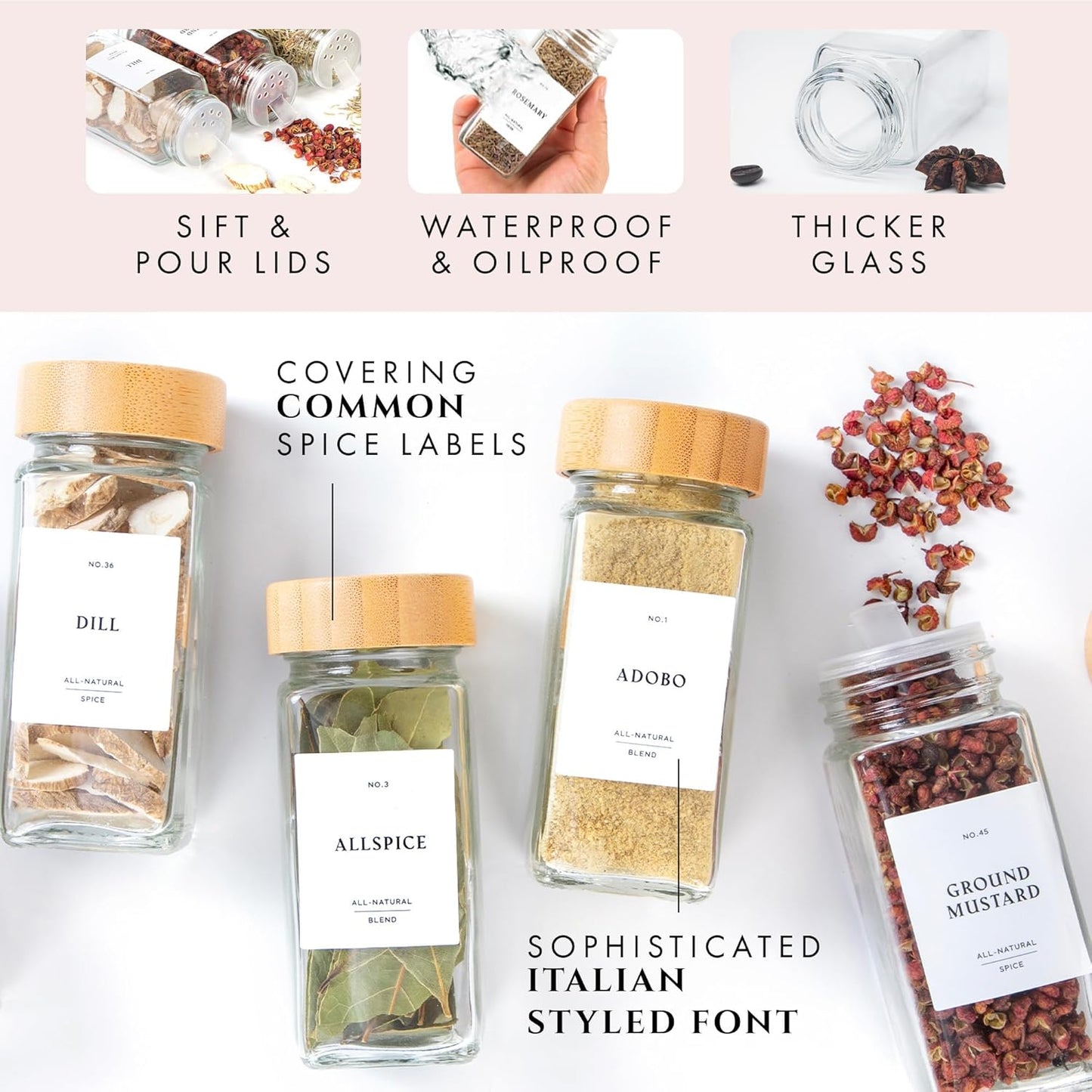 FINESSY Glass Spice Jars with Label with Bamboo Lids 36 Pack Set, 4oz Empty Clear Glass Spice Bottles with Shaker Lids, Airtight Kitchen Seasoning Organizer Jars, Herb Seasoning Containers with Labels