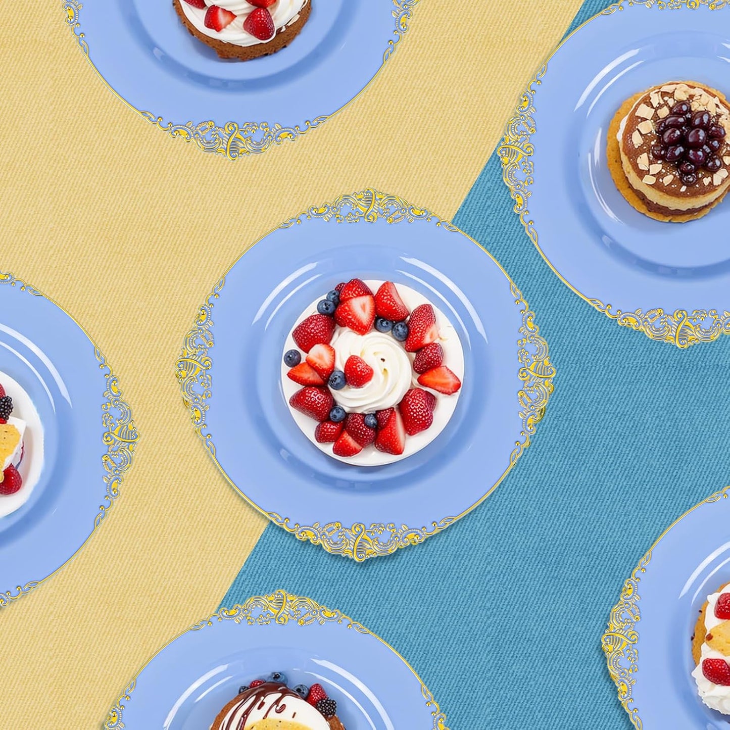 125PCS Blue and Gold Plastic Plates - Airy Blue Disposable Plate - Gorgeous Plates with Gold Plastic Silverware Sets for 25 Guests for Party & Wedding & Spring