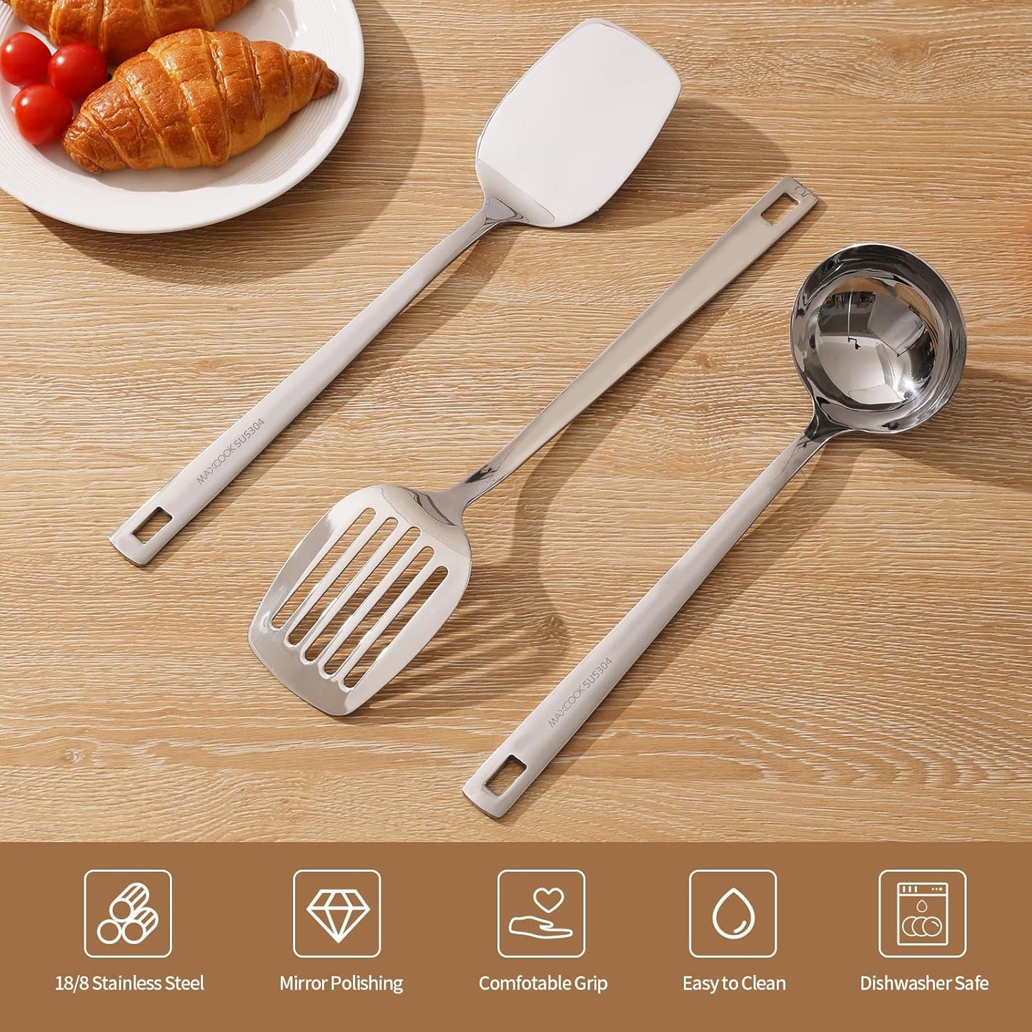 Wok Spatula Set, 18/8 Stainless Steel Kitchen Cooking Utensils Spoon set, 3 Pieces Spatula Set for Kitchen Cooking