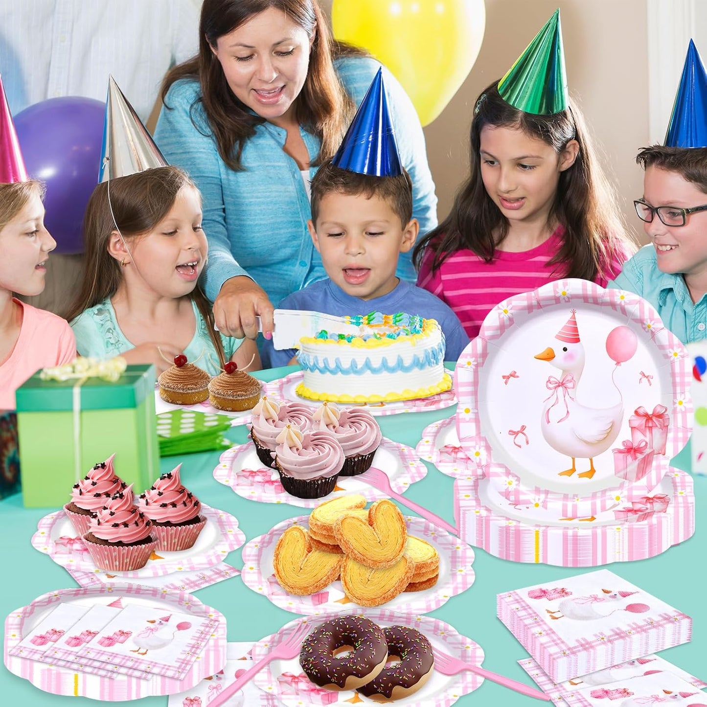 96 Pieces Pink Goose Birthday Tableware Set Party Supplies – Scalloped Animal-Themed Disposable Dinnerware with Paper Plates, Napkins, and Forks for Girls Parties and Baby Showers – Serves 24